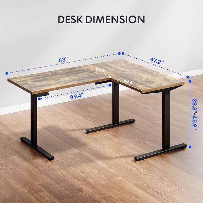 FLEXISPOT L Shaped Standing Desk, 63 x 47 Inch Electric Height Adjustable Corner Desk, Sit Stand Computer Workstation, Preset Controller, Home Office, Black Frame with Rustic Brown Top, Black Drawer