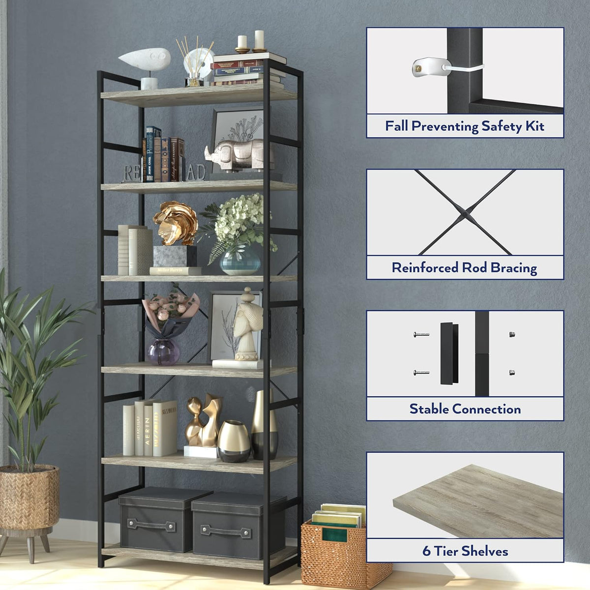 NUMENN 6 Tier Bookshelf, Tall Bookcase Shelf Storage Organizer, Modern Book Shelf for Bedroom, Living Room and Home Office, Grey