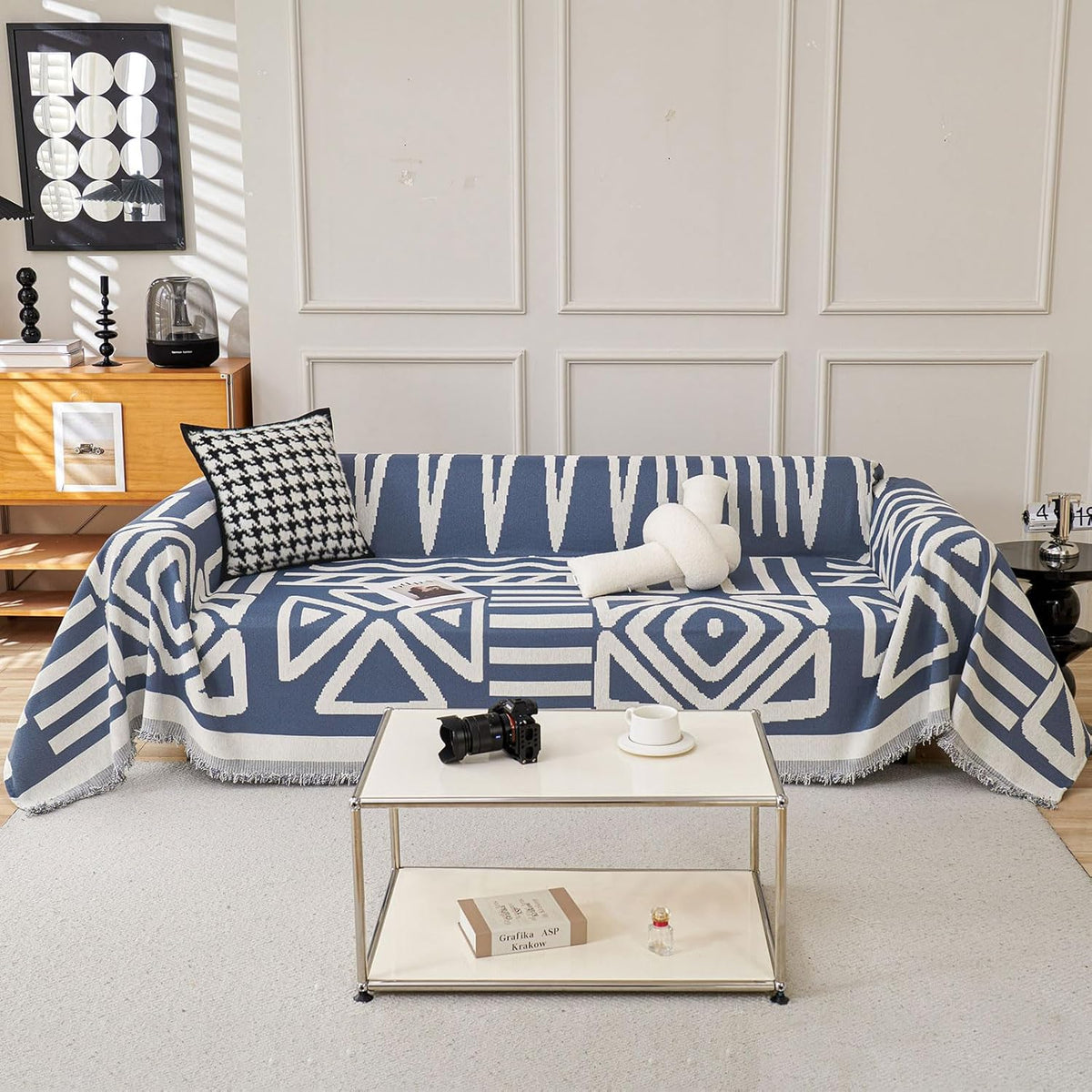 STACYPIK Modern Boho Couch Covers, Non Slip Blue Geometric Sofa Cover for Loveseat, Washable Furniture Protector for 3 Cushion Couch, Anti Slip Reversible Jacquard Couch Throw Covers for Sofa-71X150IN