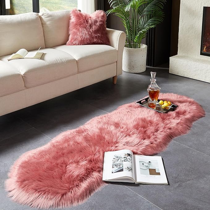 AMTOVO Faux Sheepskin Rug, Blush Pink Ultra Soft Fluffy Shag Area Rug, 2 x 6 ft