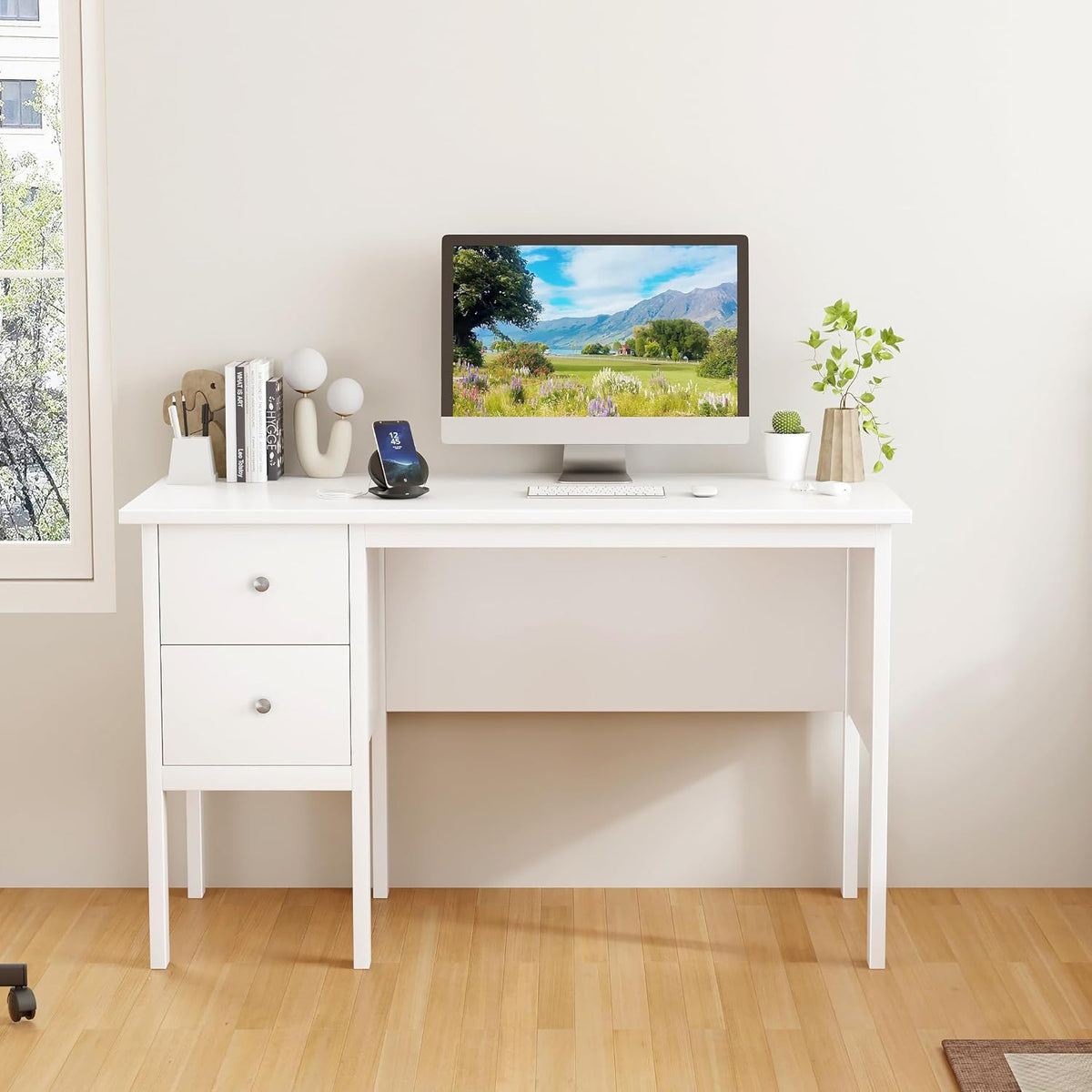 BHG Computer Desk with Drawers,Modern White Home Office Desk with Storage Filing Cabinet, Vanity Desk Makeup Dressing Table for Bedroom,Small Writing Table PC Desks for Study(White, 43.3")