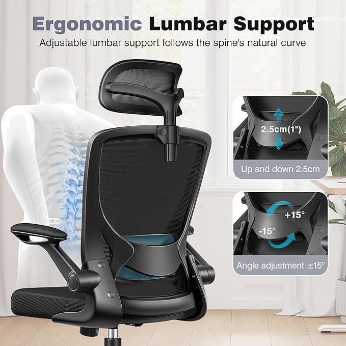 Ergonomic Office Desk Chair Comfy, High Back Mesh Office Desk Chairs with Adjustable Lumbar Support, Headrest, Flip-up Armrests, Home Computer Chair for Gaming, Work, Black