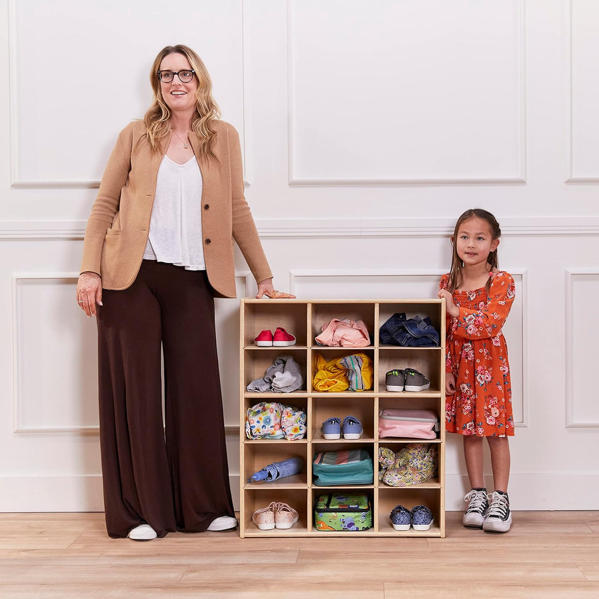 ECR4Kids Streamline 15 Cubby Tray Storage Cabinet, 5x3, Classroom Furniture, Natural