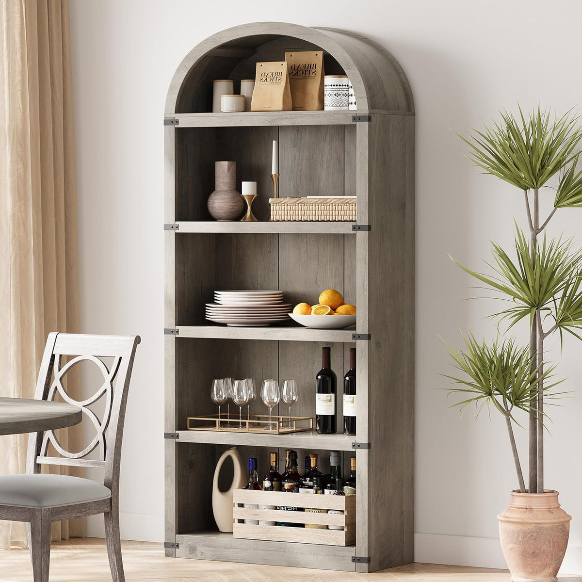 GarveeHome Bookcase 5 Shelf Arched Bookshelf 71.65in Tall Bookcase Farmhouse Display Storage Rack Wooden Bookshelves for Home Office, Living Room (Rustic Gray)