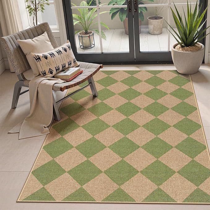 Lahome Colette Green Checkered Easy Jute Rug, 3x5 Washable Outdoor Rug Neutral