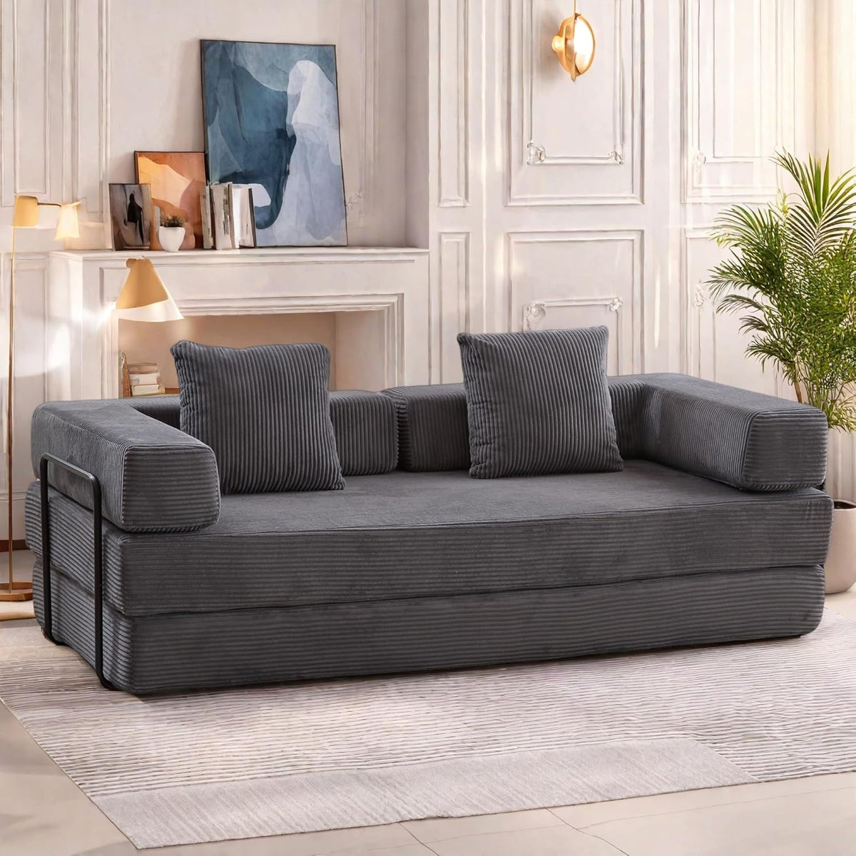 Convertible Sofa Bed, Compression Futon Sofa with Pillows & Armrest, Foldable Mattress Couch with Fixed-Shape Frame, Comfy Couch Lounge Sleeper Bed for Living Room Bedroom, Dark Gray