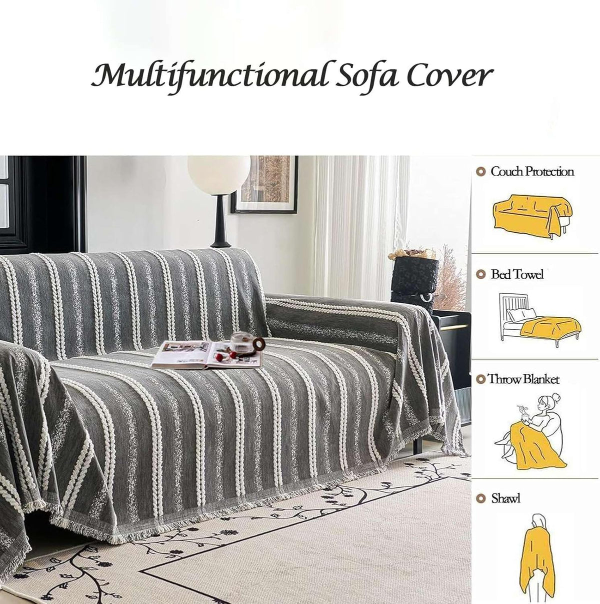 Couch Cover for Dogs Washable Sofa Cover, Sectional Couch Covers, Sofa Covers for 2 Cushion Couch, Non Slip Stripe Sofa Slipcovers Furniture Protector, Couch Protector from Cat Claws, Grey,75''x102''