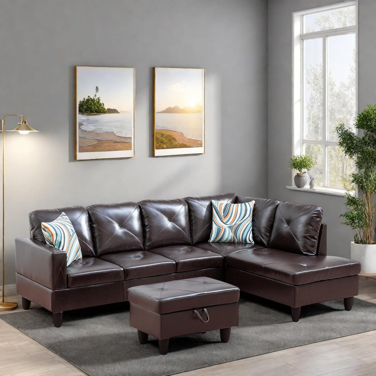 L Shaped Sectional Couches, Modern Modular Sectional Sofa for Living Room Bedroom Furniture, Cozy 4 Seat Couch with Ottoman Storage & Chaise, Brown