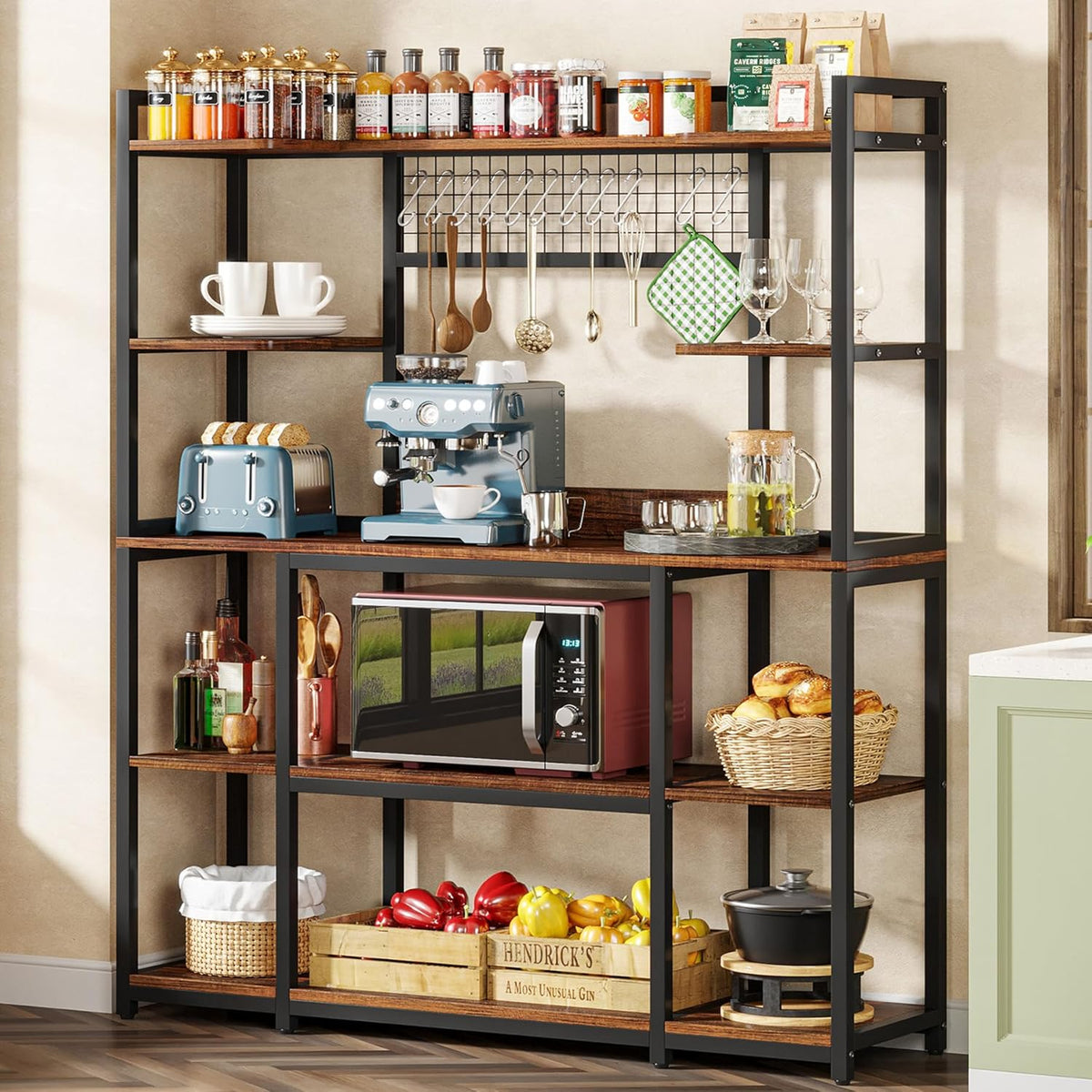 Tribesigns Large Bakers Rack, 55" Wide Kitchen Hutch Cabinet Microwave Stand with 11 Hooks, 5-Tier Baker’s Rack Kitchen Storage Shelf with Hutch, Rustic Brown