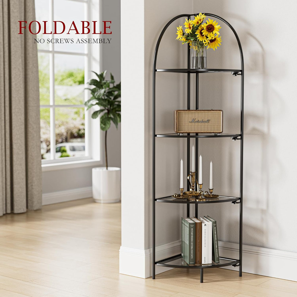 Crofy Foldable 4 Tier Corner Shelf, Metal Corner Plant Stand with Black Frame and Transparent Shelves, Corner Display Rack Multipurpose Shelving Unit for Living Room, Bedroom, Bathroom