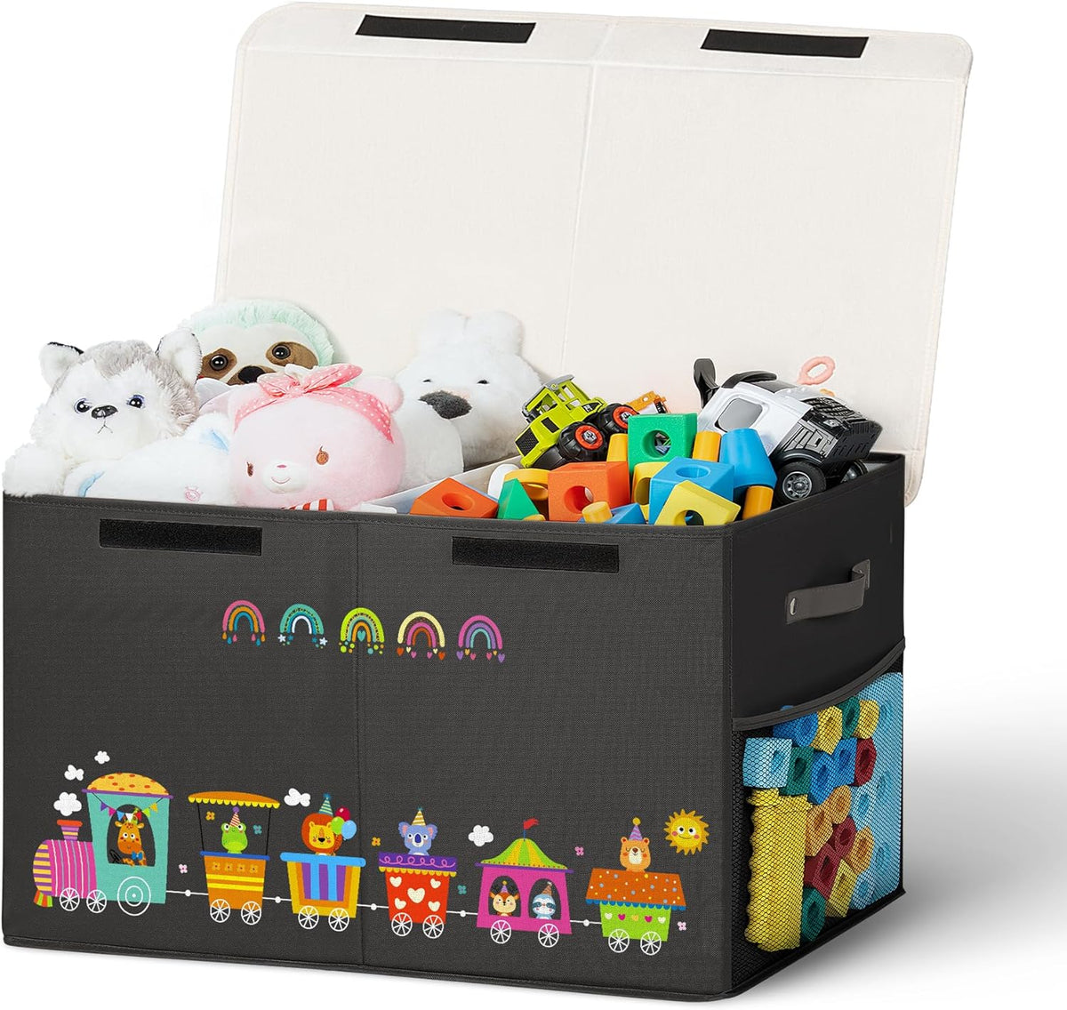 80L Large Toy Storage Box with Lid, Large Toy Box Chest Kids, Girls and Boys, Nursery Room and Living Room, 26"x13" x16" (black-train)