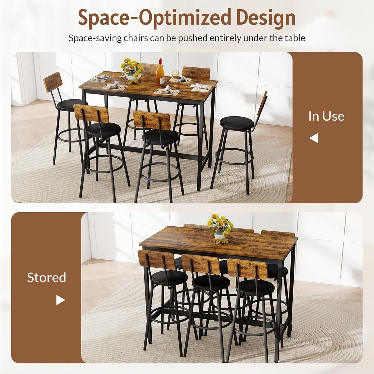 Rovibek Dining Table Set for 6, Bar Table and Chairs Set, Modern 6 Piece High Top Table and Chairs, Industrial Bar Height Pub Tables for Kitchen, Dining Room, Brown
