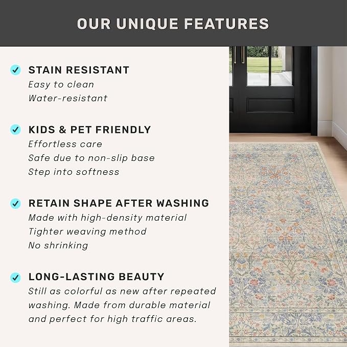 Vintage Washable Beige Blue 10x12 Rug