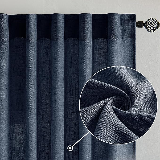 MIULEE Navy Blue Linen Curtains 63 Inch Length 2 Panels
