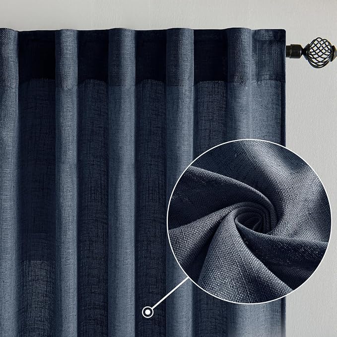 MIULEE Navy Blue Linen Curtains 96 Inch Length 2 Panels