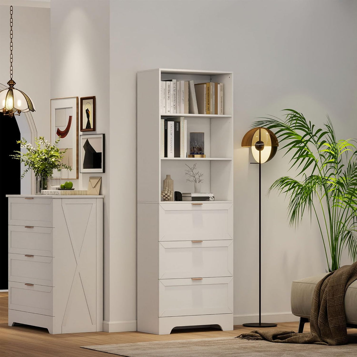71" Tall Modern White Bookshelf with Storage 3 Drawers Freestanding Display Bookcase, Tall Book Shelf with Organizers and Storage, Display case for Home Office, Living Room,Study,White