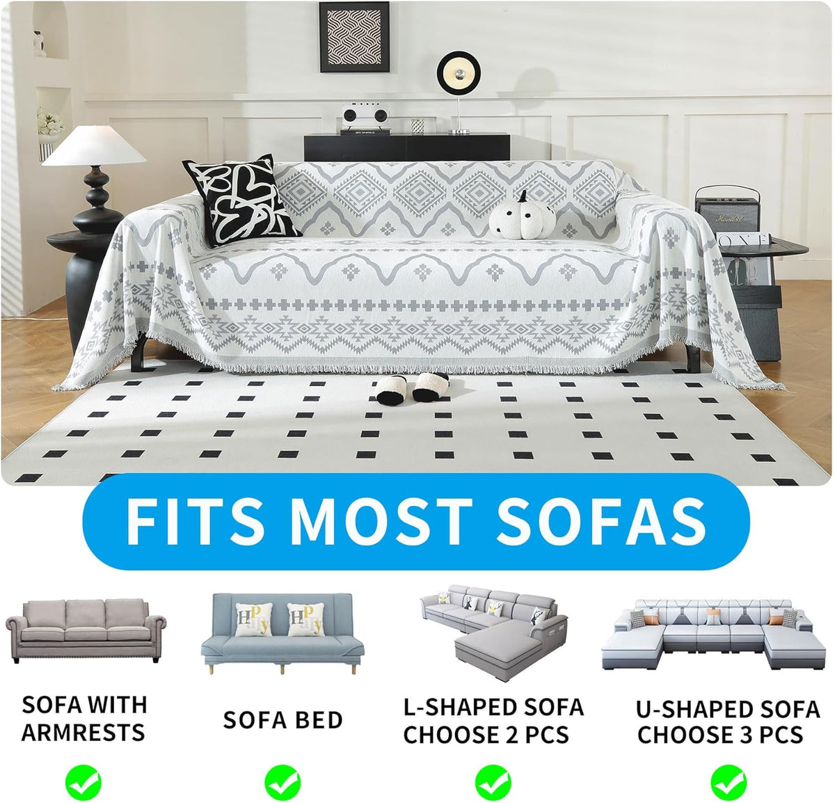 LUFEIJIASHI Boho Couch Covers for Sofa Non Slip Sofa Covers Washable Couch Covers for 3 Cushion Couch Sofa Pet Friendly Sectional Couch Cover Blanket Furniture Protector for Dogs (Grey, 91"x150")