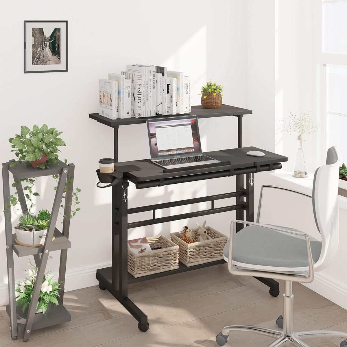 Mobile Standing Desk, Adjustable Rolling Computer Desk with 3 Desktops, Portable Laptop Table with Cup Holder, Home Office Laptop Workstation on Lockable Wheels, Black