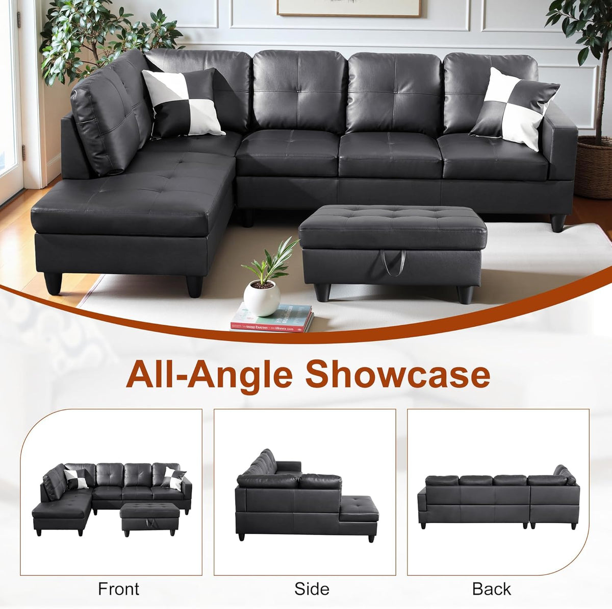Osparple L Shaped Couch Faux Leather Sectional Couches for Living Room Upholstered 3 Pieces Modular Sectional Sofa with Chaise, Ottoman with Storage for Living Room and Small Apartment, Black