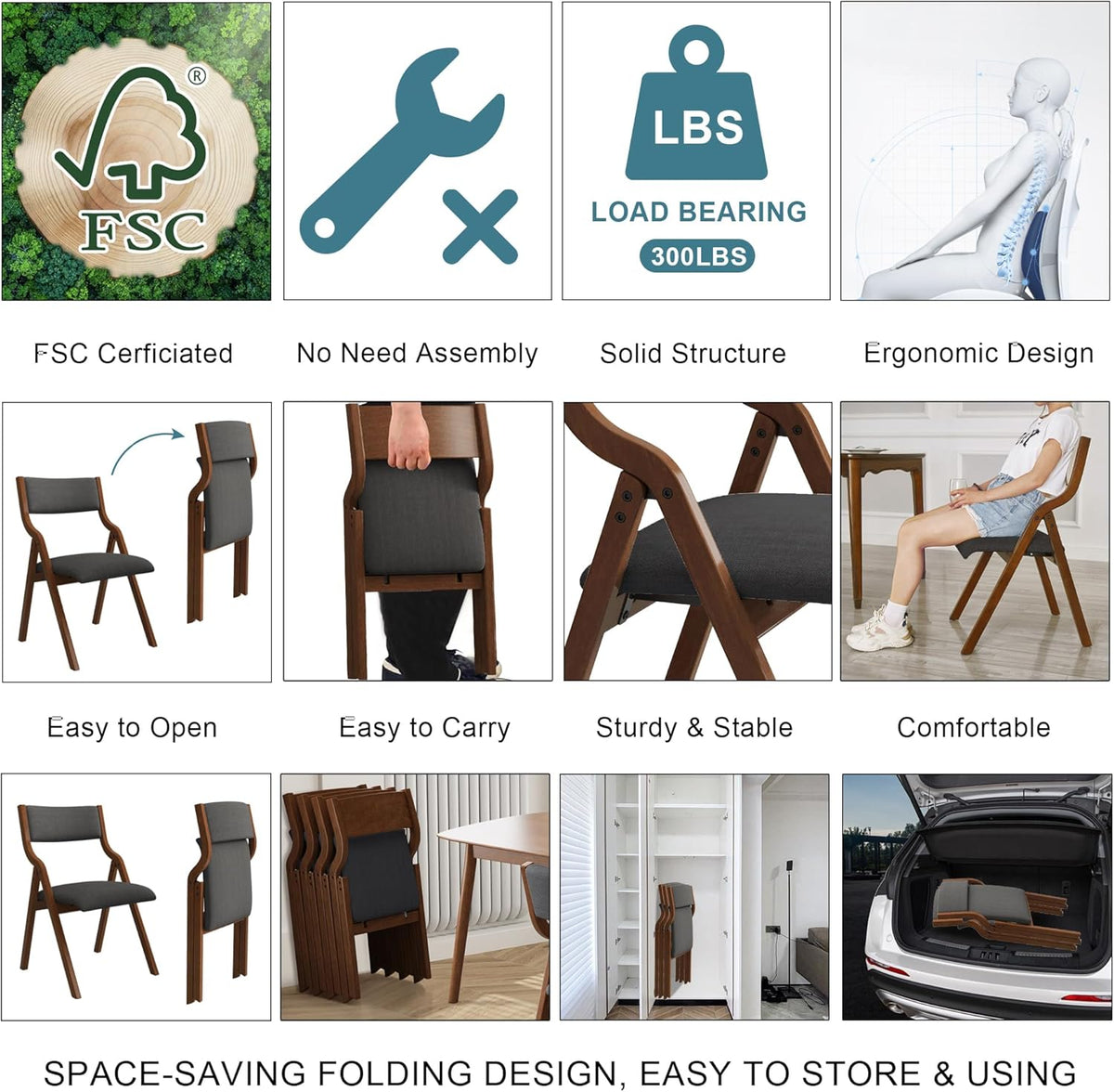 Ball & Cast Upholstered Folding Chairs Set of 2 with Ergonomically Designed Back and Solid Wood Frame, for Dining Room and Office,Indoor and Outdoor Events,Space Saving,Dark Grey+Walnut