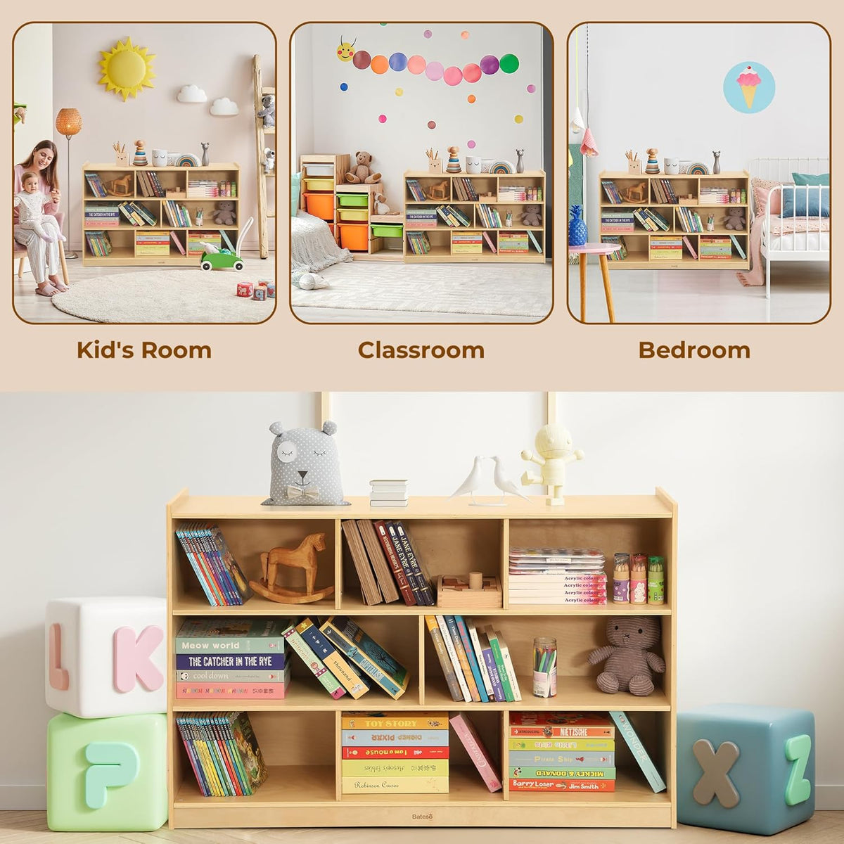 Toy Storage Organizer for Kids Room, Wooden Kids Bookshelf for Classroom, Cube Storage Organizer for Playroom, 8-Section Montessori Bookshelf & Toy Shelf for Nursery