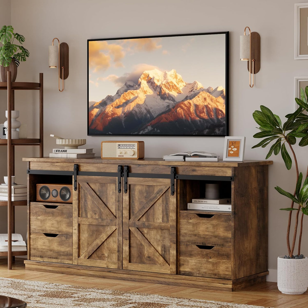 YESHOMY TV Stand for Televisions up to 65 Inchs, with Sliding Barn Doors and 4 Storage Drawers, Console Table and Media Furniture for Living Room, 58 Inch, Barnwood