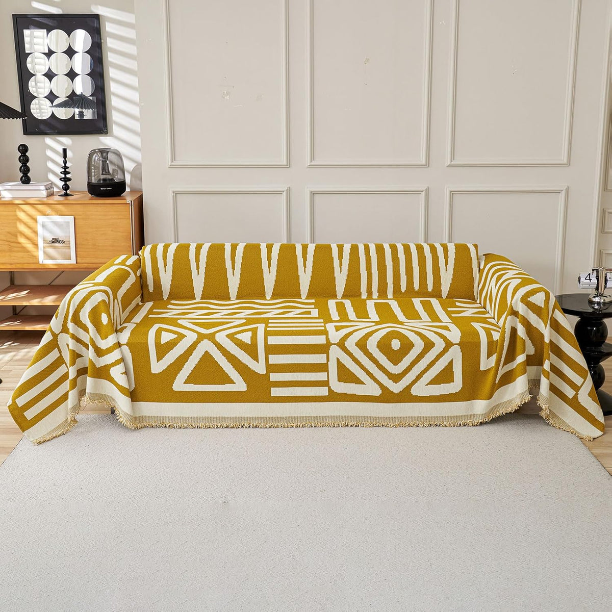 STACYPIK Boho Chenille Couch Cover, Ginger Yellow Sofa Cover for 3 Cushion Couch, Anti Slip L Shaped Couch Protector, Washable Loveseat Cover Pet Friendly, Multi-Use Jacquard Throw Cover-71X150IN