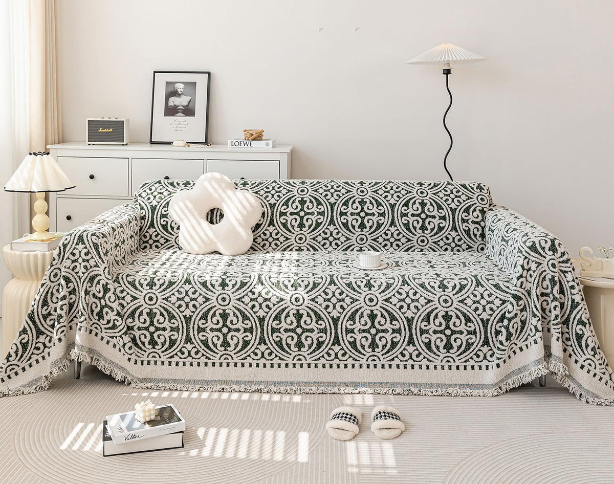 STACYPIK Green Jacquard Sofa Cover - Anti-Scratch Chenille Furniture Protector for 3 Cushion Couch - French Floral Dog Pet Cushion Protector - Futon Cover 71x150IN