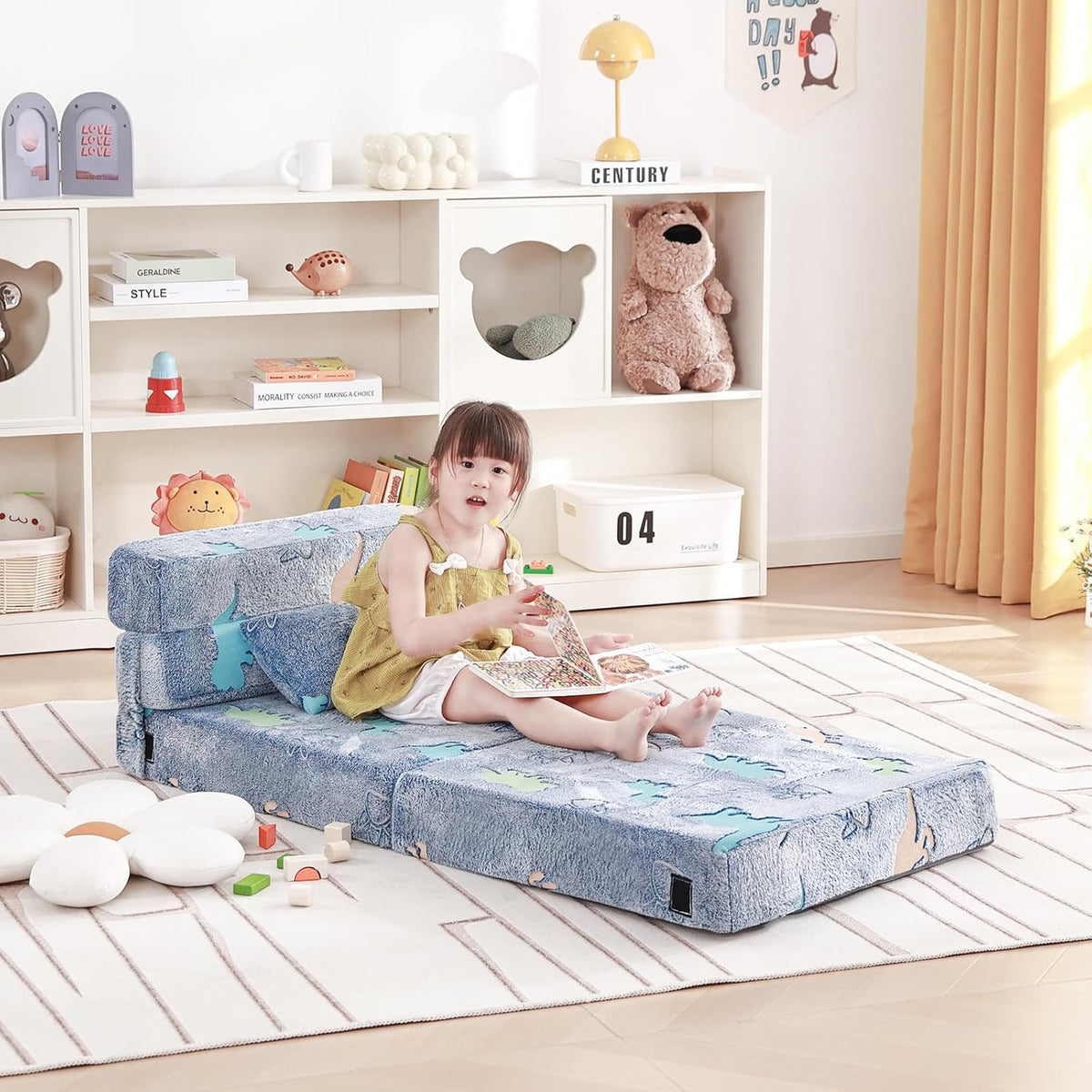 Folding Sofa Bed Floor Mattress for Kids With Pillow - Toddler Glow Washable Nap Mat for Sleeping, Child Fold Up Futon Chair Bed With Storage Bag for Girls Boys