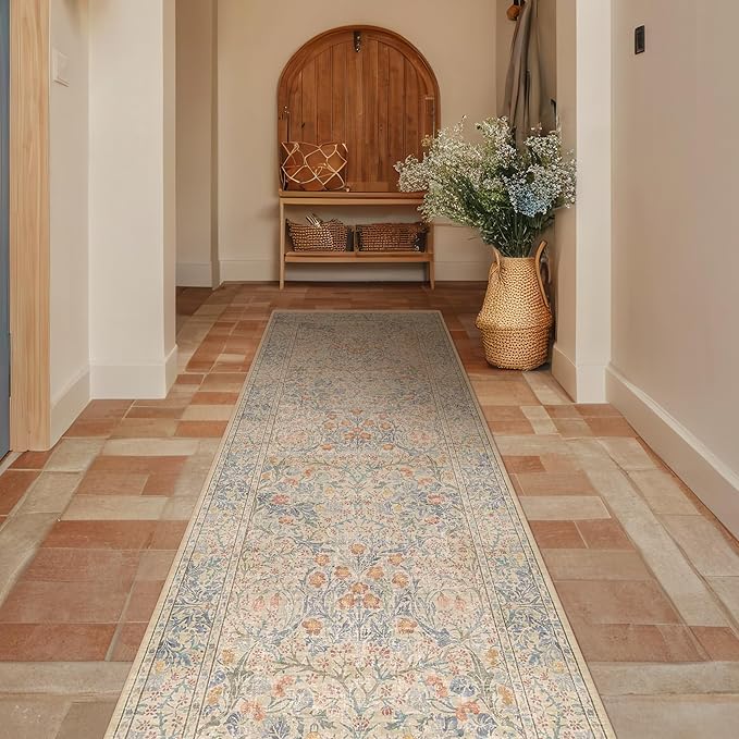 Vintage Beige Blue 2'6" x 8' Runner Rug