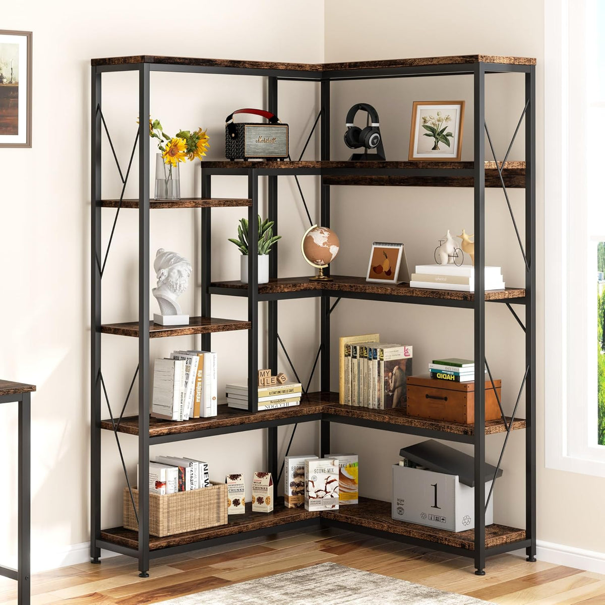 Shintenchi 5 Tiers Corner Bookshelf, 70.86" Tall L-Shaped Bookcase, Large Corner Etagere Bookcase, Corner Shelf Display Storage Rack with Metal Frame for Living Room Home Office, Rustic Brown
