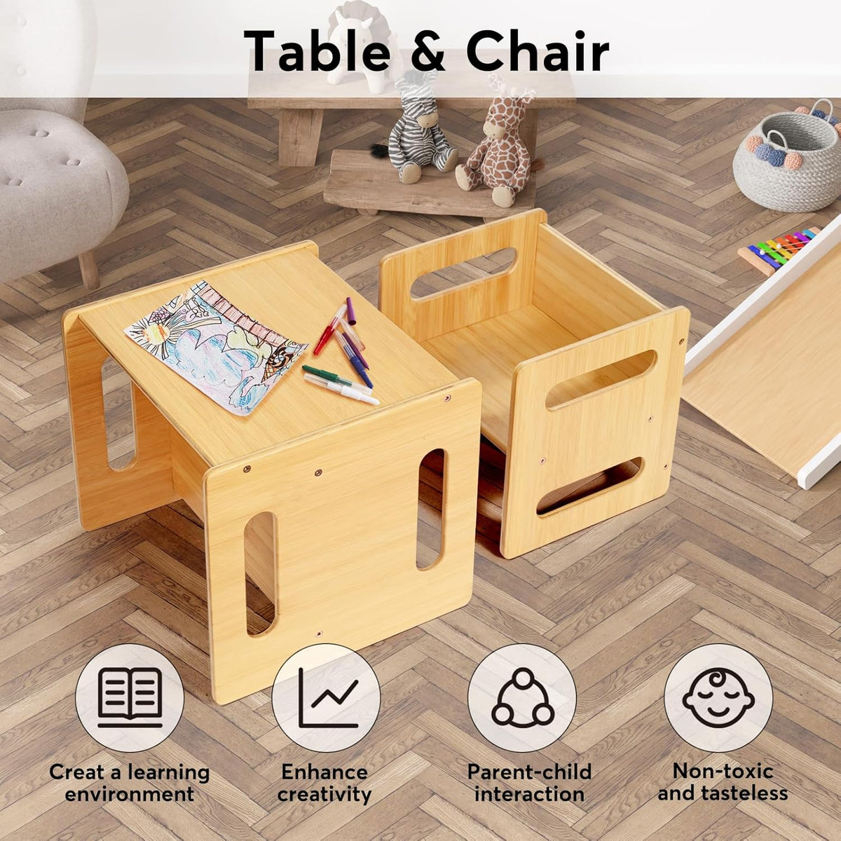 Kids Table and Chair Set, Montessori Weaning Table and Chair,Natural Bamboo Small Desk Chair,Toddler Activity Table and Chair Set for 1-3 Year Old Kids Dinner,Reading,Playing Toys, CPC Certified