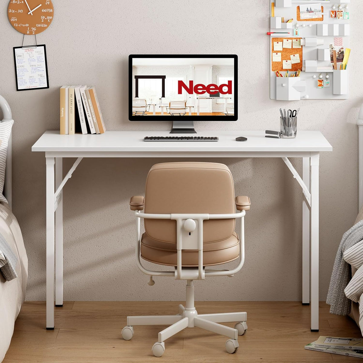 Need Folding Desk for Home Office 39-3/8" Length Modern Folding Table Computer Desk No Install Needed White Color Desktop White Frame AC5DW(100 * 60)