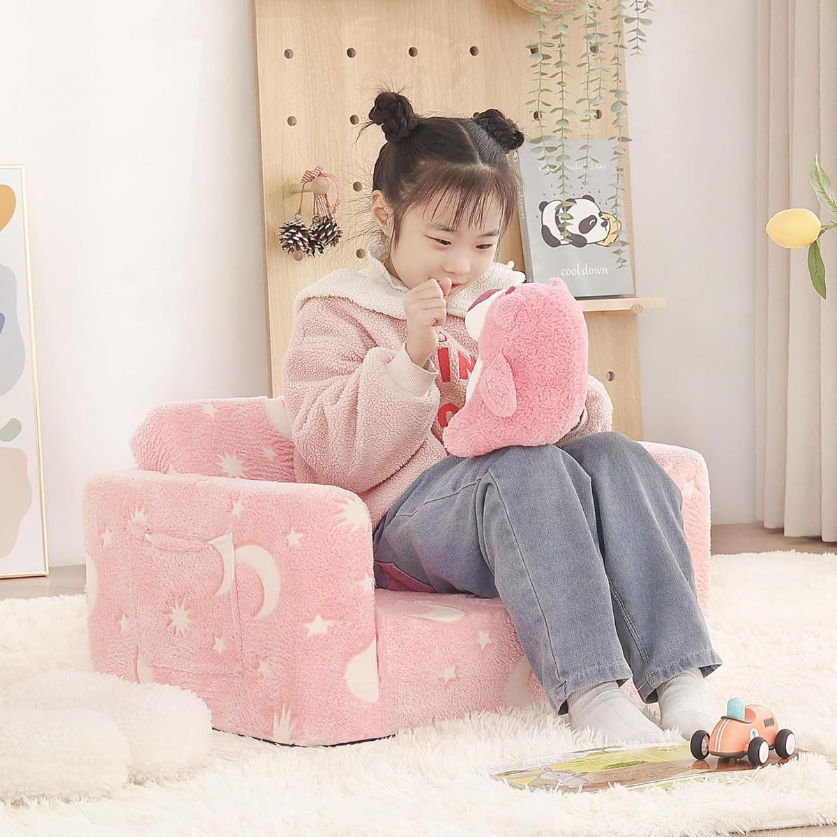 Welnow Toddler Chair, 2-in-1 Soft Sherpa Kids Sofa, Convertible Toddler Couch Lounger, Flip Out Kids Couch Chair with Side Pockets & Removable Cover for Girls and Boys, Pink Moon