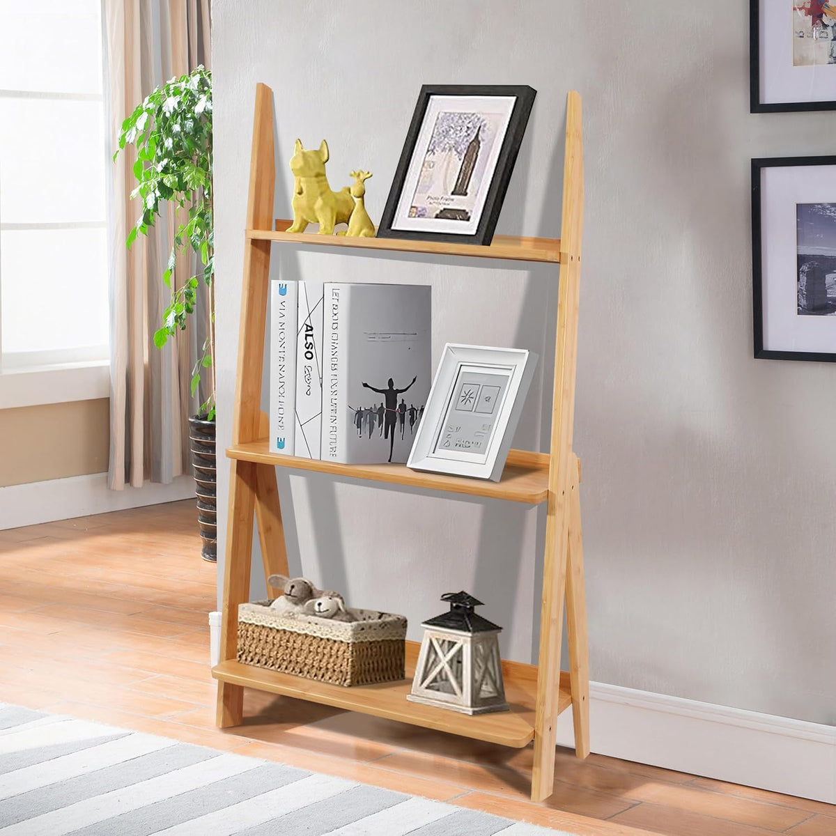 DOUSY-3-Tier Ladder Shelf, Bamboo Ladder Bookshelf Leaning Bookcase Trapezoid Bookshelf Storage Rack Shelf for Living Room, Kitchen, Bathroom, Home Office, Natural Color