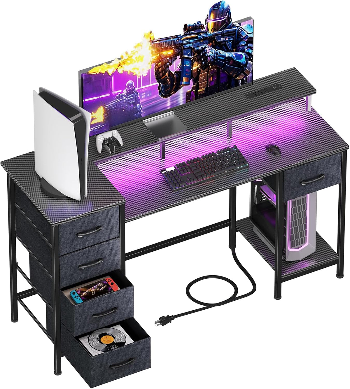 47 Inch Computer Gaming Desk with Power Outlets & LED Lights Reversible Home Office Desk with Adjustable 5 Fabric Storage Drawers for Working Writing Study, Carbon Fiber Black