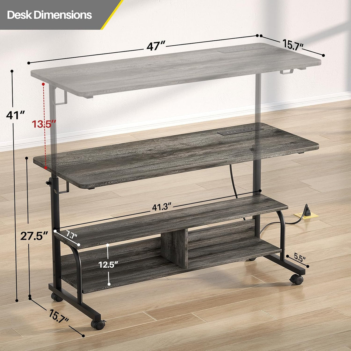 Height Adjustable Standing Desk with Power Outlets, 47" Manual Stand Up Desk with Storage Shelves Small Mobile Rolling Computer Desk Portable Laptop Table with Wheels for Home Office, Grey Oak