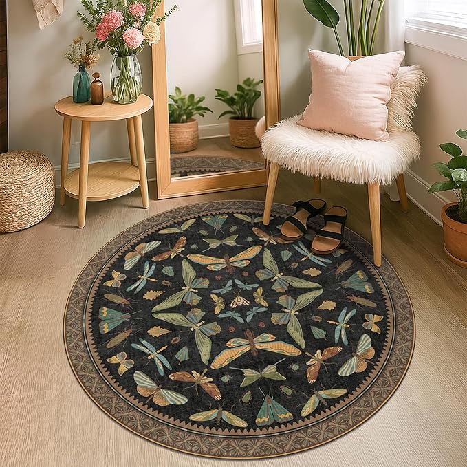 Black Boho 4ft Round Small Rugs