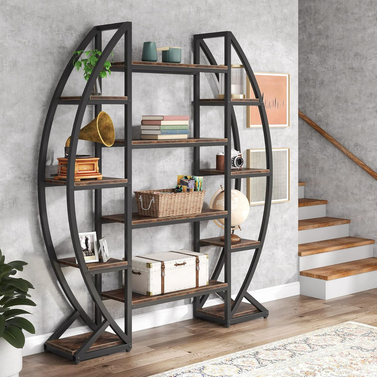 Tribesigns Oval Bookshelf, Triple Wide 5 Tier Etagere Bookcase, Industrial Display Shelves for Living Room (Brown, 55")
