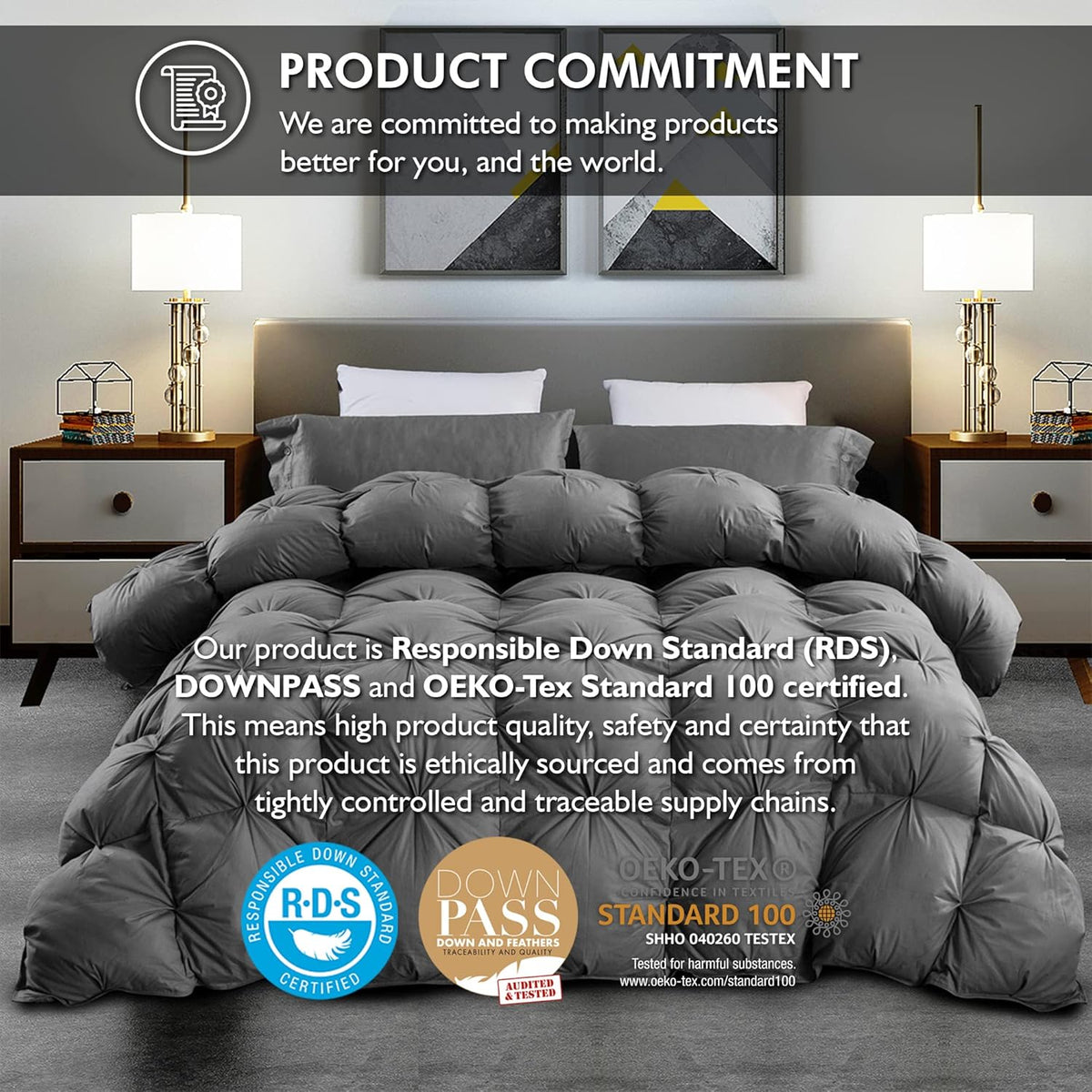 Luxurious All-Season Goose Down Feather Fiber Comforter Queen Size Duvet Insert, Exquisite Pinch Pleat Ruffled Twisted Flower, Premium Baffle Box, 100% Egyptian Cotton Cover, 60 oz. Fill Weight, Gray