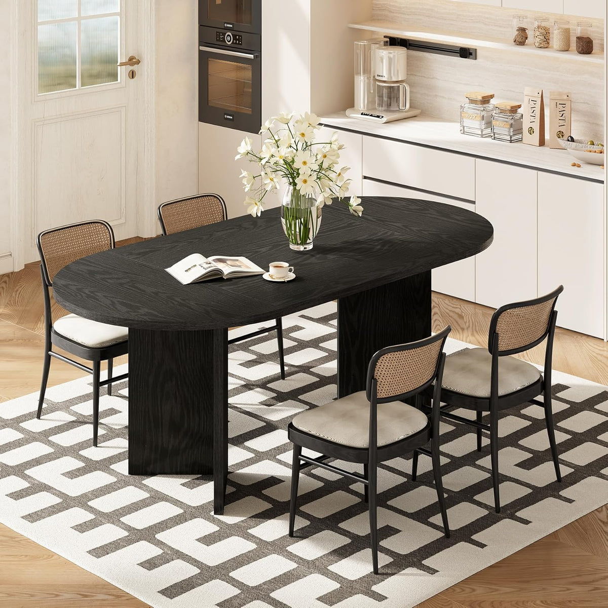 LITTLE TREE 63" Rustic Oval Dining Table for 4-6, Sturdy MDF Farmhouse Kitchen Table with Metal Strip Base, for Living Room, Office, Restaurant, Multi-Use, Black