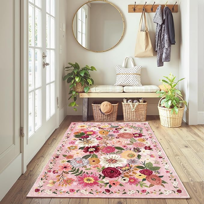 Floral Machine Washable Rug Pink, 3x5 Rug Non Slip Soft Bedroom Rugs