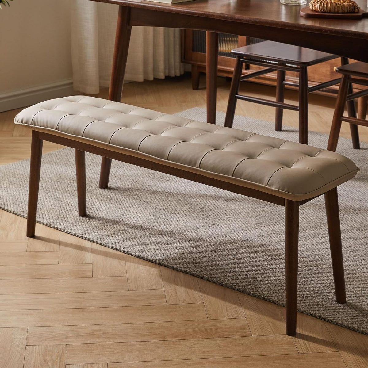 Entryway Bench, Solid Wood Dining Bench, Midcentury End of Bed Bench with PU Leather Padded Seat, Bedroom Bench, 47.24" L x 12.6" W x 17.72" H (Beige)