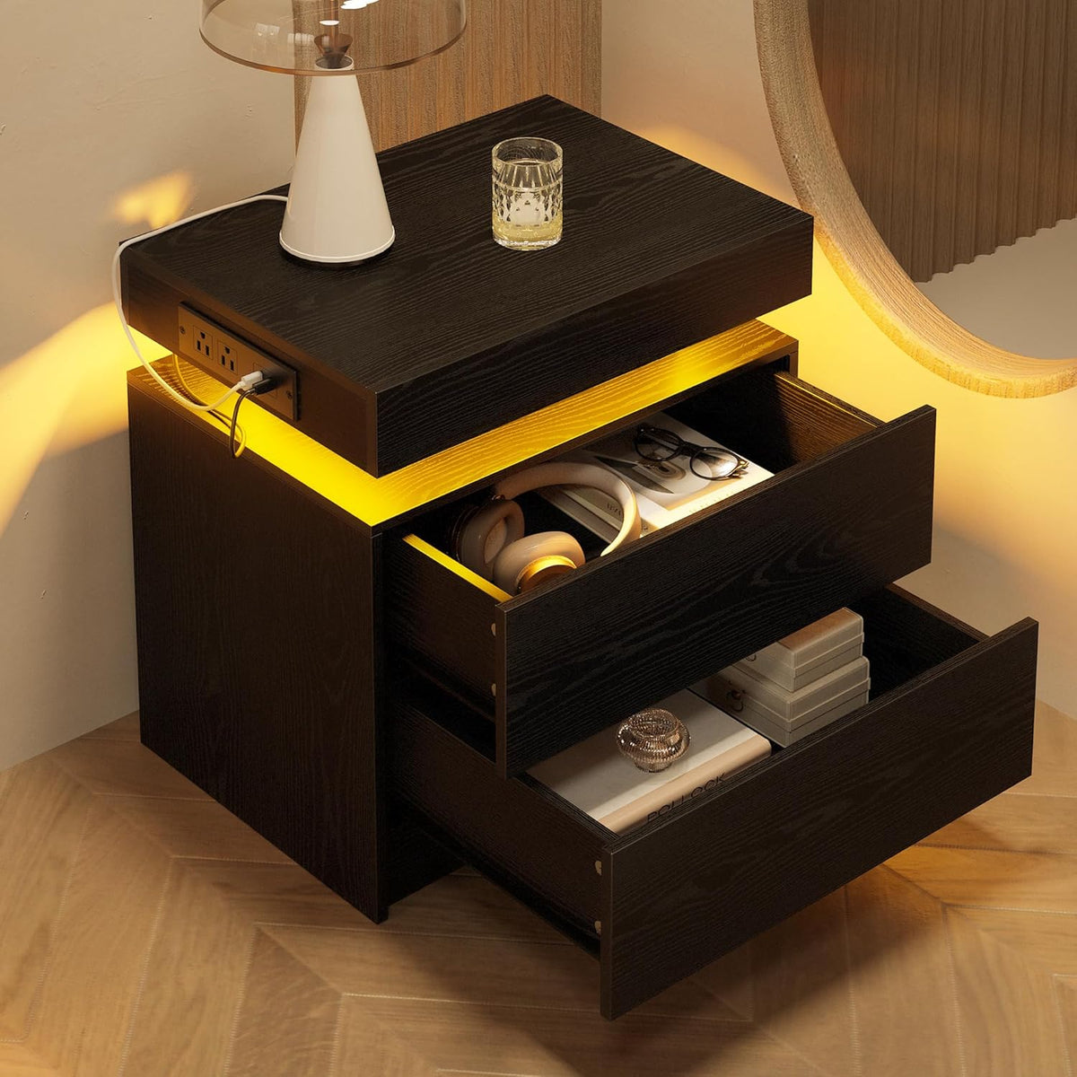 LIKIMIO Night Stand Set of 2, Modern Black Nightstand with with Charging Station, Bedside Tables with LED Light and Drawers, End Table for Bedroom