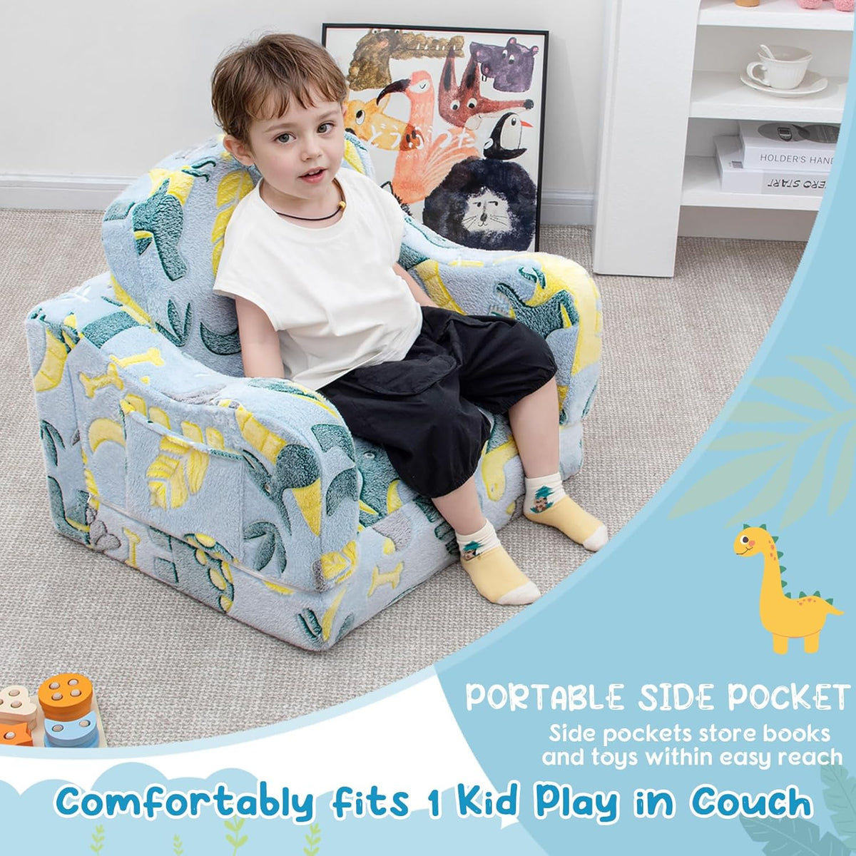 Comfy Toddler Chair and Couch for Kids with Blanket,2-in-1 Soft Plush Fold Out Toddler Couch for Girls and Boys,Convertible Sofa to Lounger for Playroom,Glowing Dinosaur
