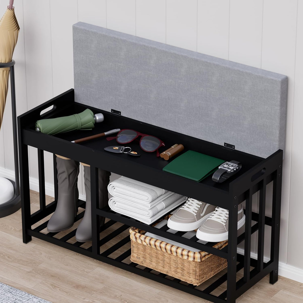 3-Tier Bamboo Shoe Rack Bench, Shoe Storage Organizer Bench, Entryway Benchs, Shoes Rack for Front Door Entrance, Entryway Bathroom Bedroom