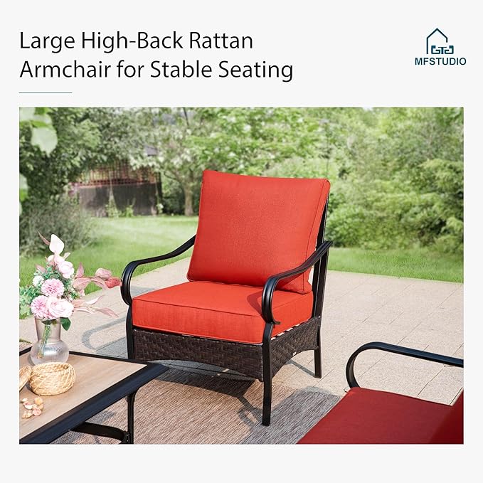 MFSTUDIO 5 PCS Outdoor Patio Furniture Set, Metal Outdoor Conversation Set, Rattan Wicker Patio Sectional Sofa Set with 2 x Fixed Single Sofa, 2-Seat and 3-Seat Sofa, 1 x Coffee Table, Red