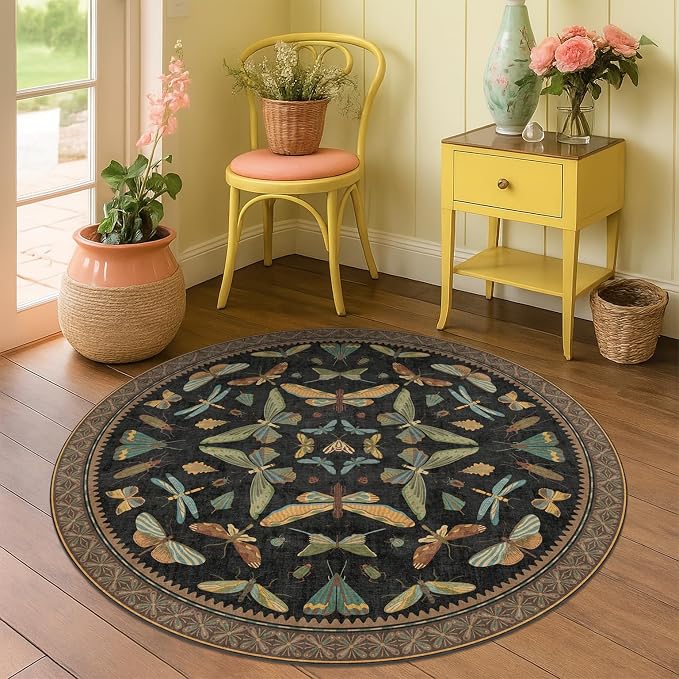 Black Boho 4ft Round Small Rugs