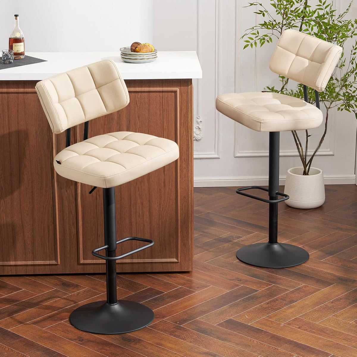 Furniliving Upholstered Bar Stools Set of 4, Faux Leather Swivel Bar Stools with Back, Adjustable Counter Height Barstools for Kitchen Island, Dining Space, Beige