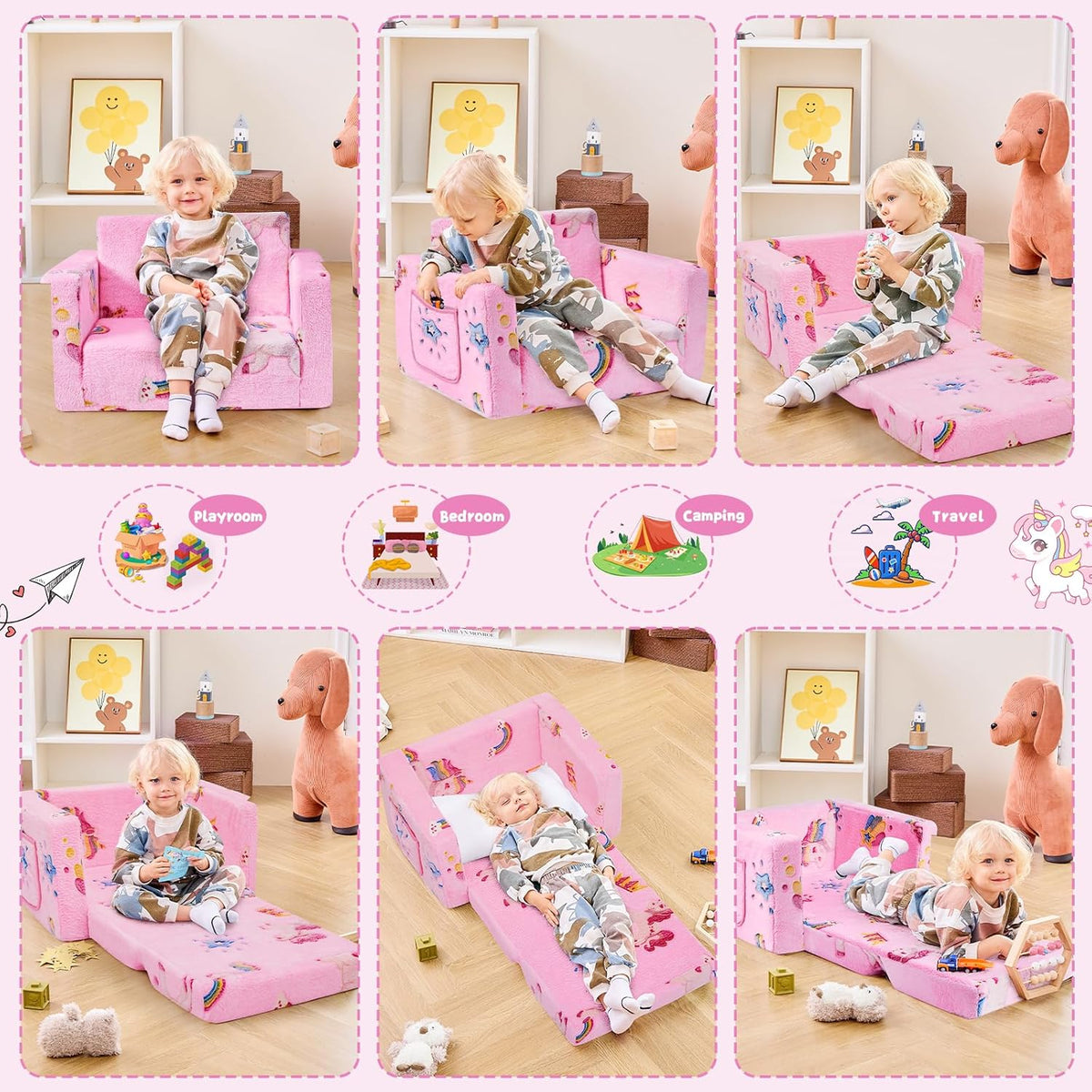 Toddler Couch,Toddler Chair,Kids Chair 2-in-1 Baby Seat Furniture Fold Out, Convertible Sofa to Lounger Comfy Glow in The Dark Sofa Bed,Gifts for Kids Girl Boys,Unicorns Rainbow,Medium